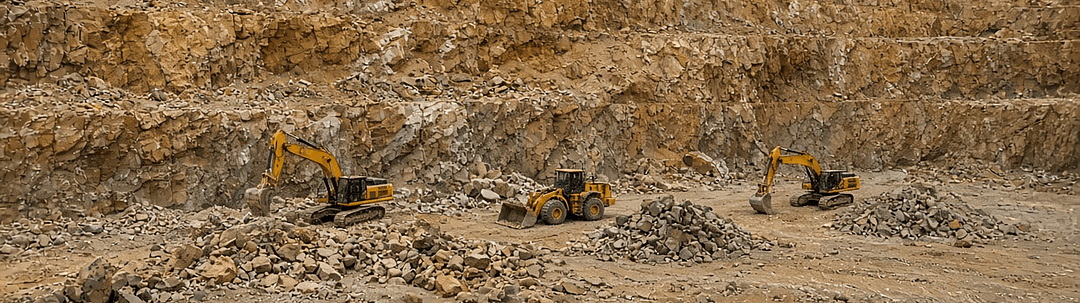 Excavators and loaders working broken rock on a quarry floor