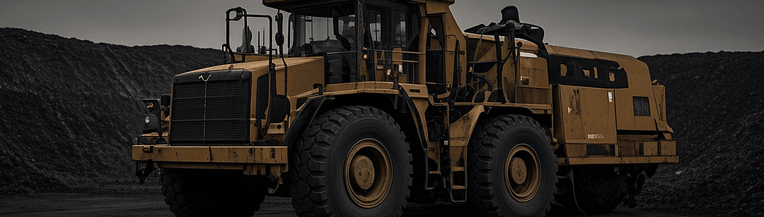 Yellow mining haul truck parked on dark mine ground