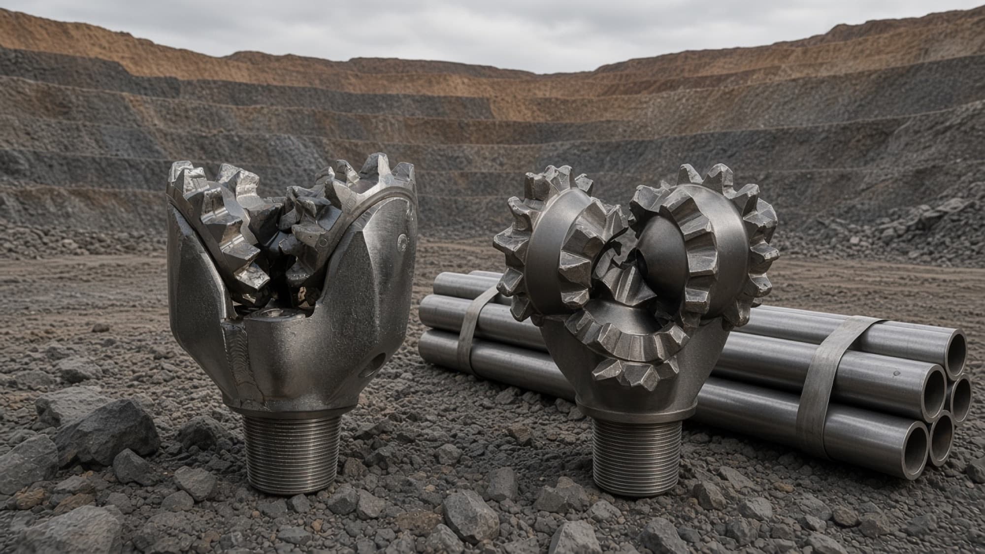 Roller-cone drill bits and bundled drill pipe on the floor of an open pit