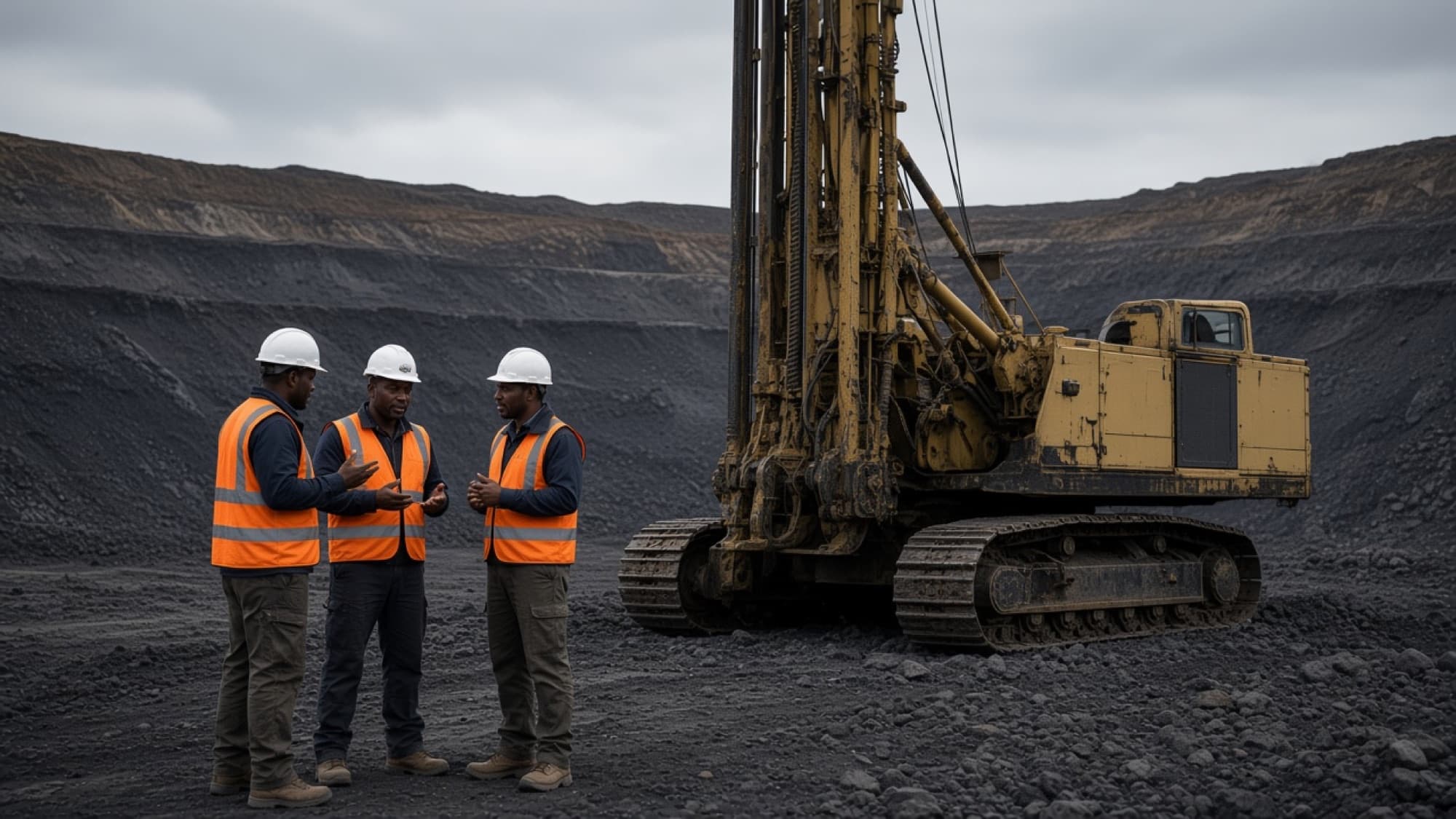 Three crew members in hard hats and high-visibility vests talking beside a blast-hole drill